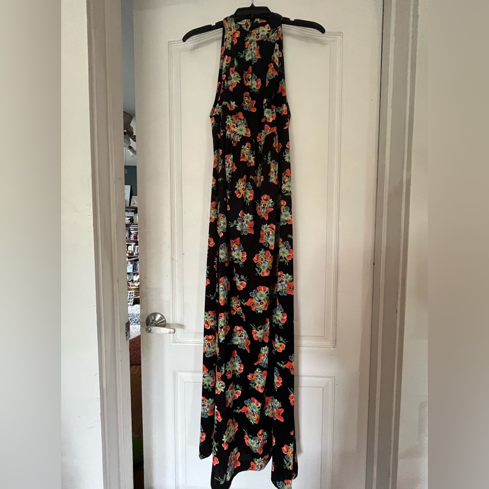 1970s Patricia Fair Butterfly and Floral Print Black Maxi Dress
